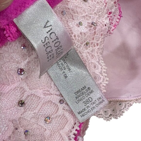Victorias Secret Dream Angels Demi Bra 38D Pink & White Lace Rhinestones - Picture 7 of 7